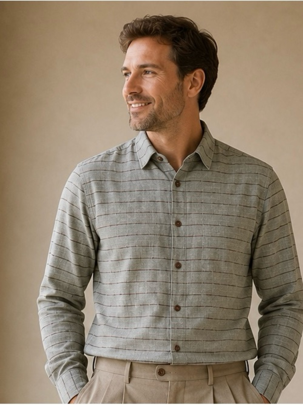 Men's Light Gray Striped Button-Up Shirt linen/cotton XL made in Italy. BB27